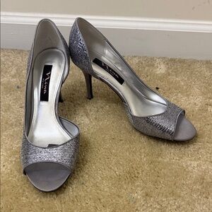Nina Silver Textured Peep Toe Heels
